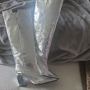 Zara Metallic Silver Over-the-Knee Boots